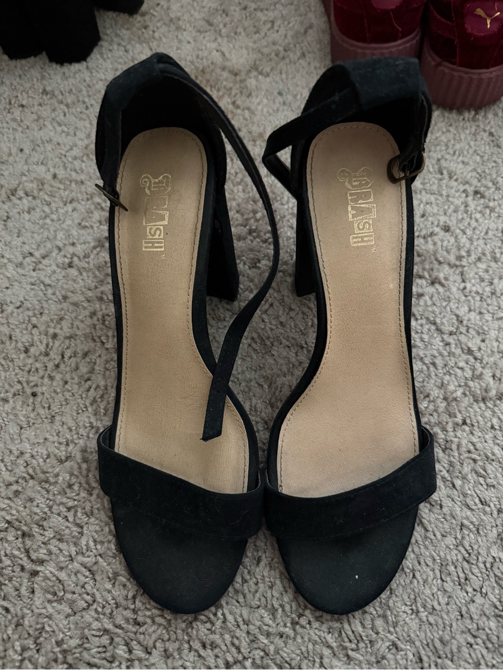 Brash Black Suede Block Heel Sandals with Ankle Strap